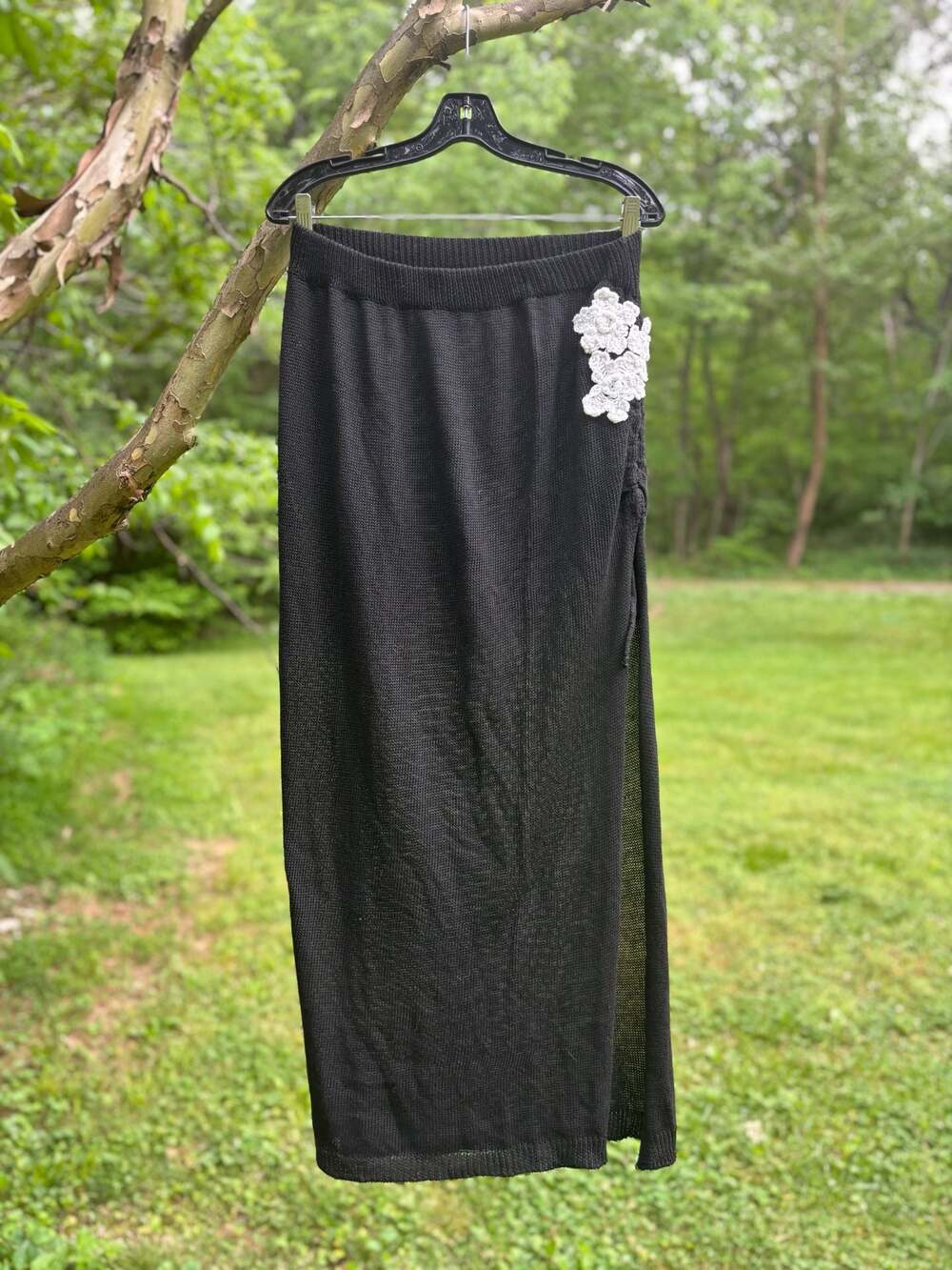 Black Sheer Knit Maxi Skirt with 3D Flower